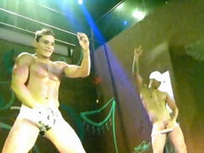 Two muscled go-go stripper in baseball and fireman uniforms stripping naked on stage!